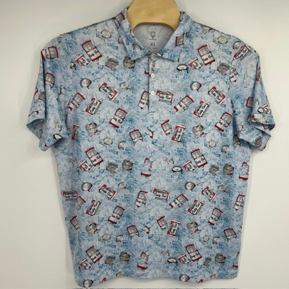 Caddy Cart Men's All Over Beer Can Print Golf Performance‎ Polo Shirt Size XL